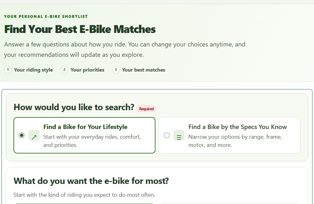 Right E-Bikes guided product selection interface